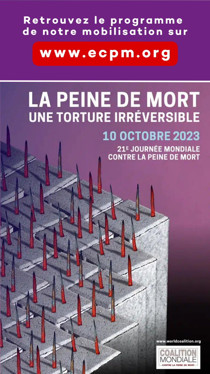 AssoECPM's tweet photo. Ce mardi 10 octobre marque la Journée mondiale contre la peine de mort ! Rejoignez-nous avec les #NoDeathPenalty et #AbolitionNow ! 📣 Le programme de notre mobilisation ➡️ https://t.co/TVUxrcFbH7 
@WCADP https://t.co/0ylWKMyDtA