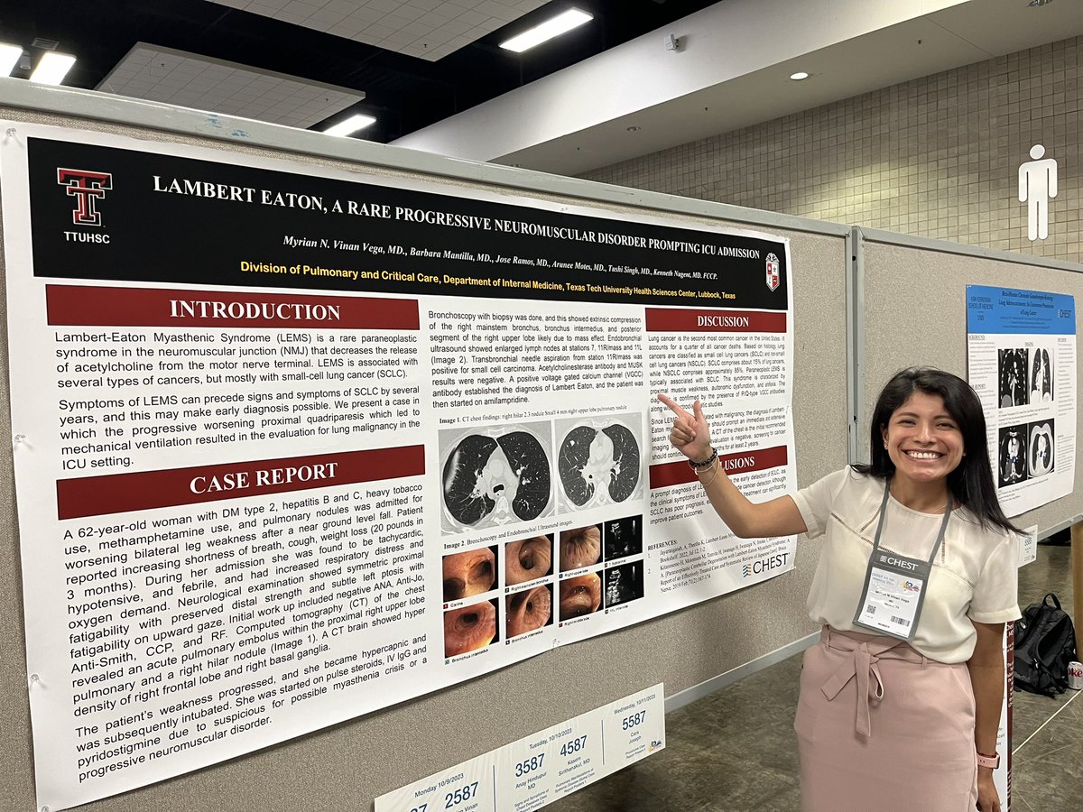 Wreck’em Red Raider!  <a href="/ttuhscmed/">TTUHSC School of Medicine</a> <a href="/TTUHSC/">Texas Tech University Health Sciences Center</a> PCCM fellow <a href="/mnoella_vinan/">Noella Vinan Vega MD</a> presents a poster on Lambert Eaton Syndrome <a href="/accpchest/">CHEST</a> #CHEST2023  #WomeninChestMedicine #WIIP Proud of you Red Raider