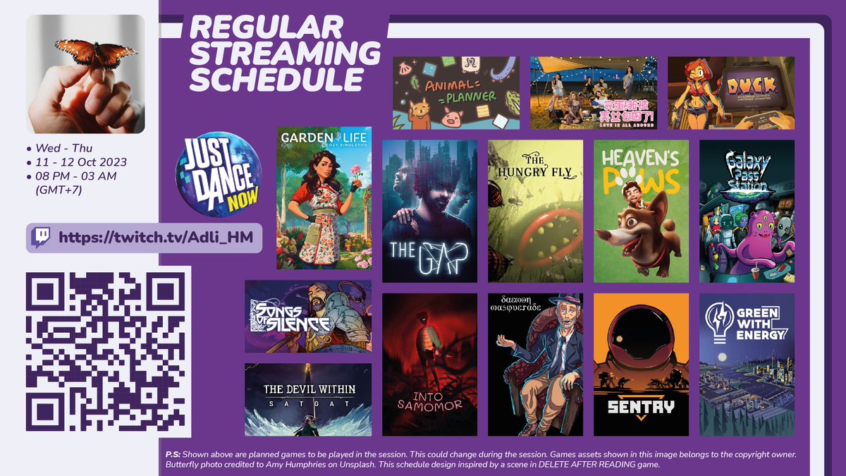 Adli_HM's tweet photo. Then:

Garden Life: A Cozy Simulator (@stillaliveGames), DUCK: Dangerous Ultimate Cartridge Kidnapper (@duckteamgroup), Galaxy Pass Station (@galacticwrkshp), Green with Energy (@GreenEnergyGame).

Catch me live at https://t.co/wZkDXcT1AA :))

*subject to change.
- Tweet 3/3 https://t.co/W2WUutWXTp