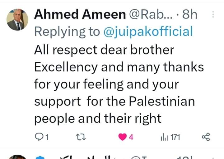 قائد جمعیت کا  مسئلہ فلسطین پر  مضبوط بیانیہ 
پاکستان میں تعینات فلسطینی سفیر احمد آمین نے قائد جمعیت مولانا فضل الرحمن کا شکریہ ادا کیا بلکہ اس کے مضبوط موقف کو اپنے ٹویٹر اکاؤنٹ ریٹویٹ بھی کیا ہے
#JUIStandWithPalestine