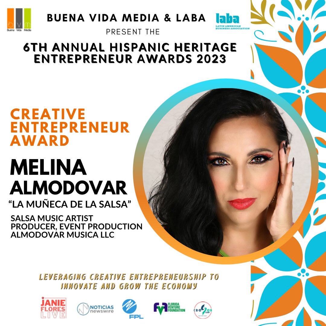 🏵️  <a href="/BuenaVidaMedia/">BuenaVida Media</a> Media &amp; <a href="/LABA_INFO/">LABA USA</a> present the 6th Annual Hispanic Heritage Entrepreneur Awards

🏵️ Creative Entrepreneur Award: Melina Almodovar, “La Muñeca de la Salsa”

#HispanicHeritageEntrepreneurAwards #HispanicHeritageMonth