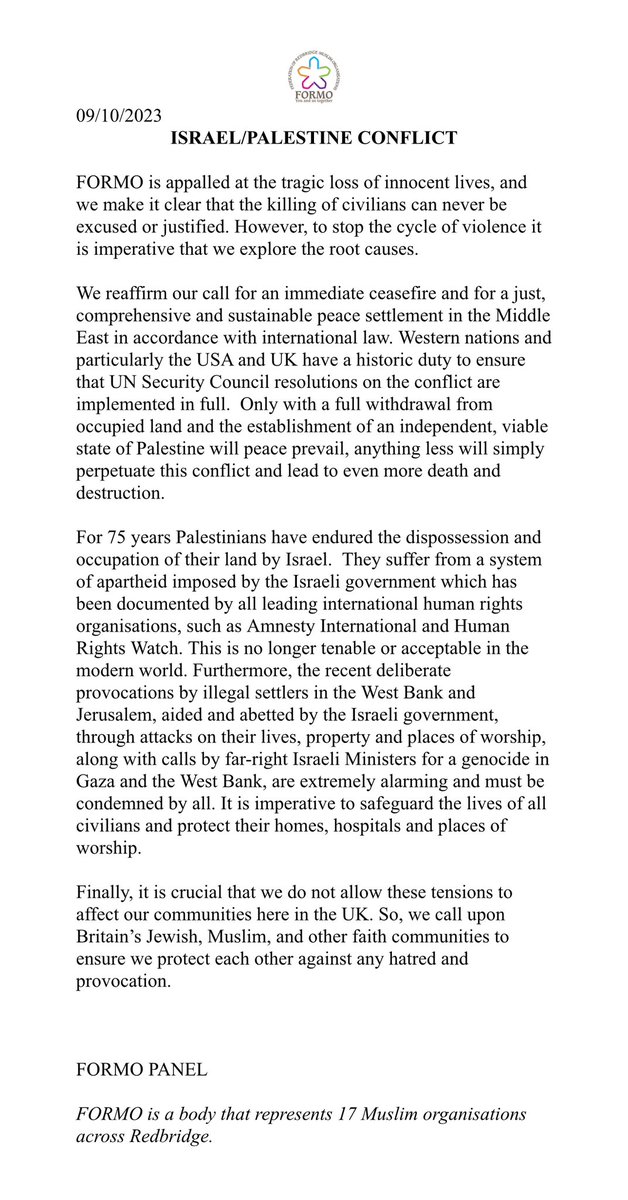 Please see FORMO statement on the current devastating conflict in the Middle East. 

<a href="/SamTarry/">Sam Tarry</a> <a href="/Jas_Athwal/">Jas Athwal MP</a> <a href="/wesstreeting/">Wes Streeting</a>