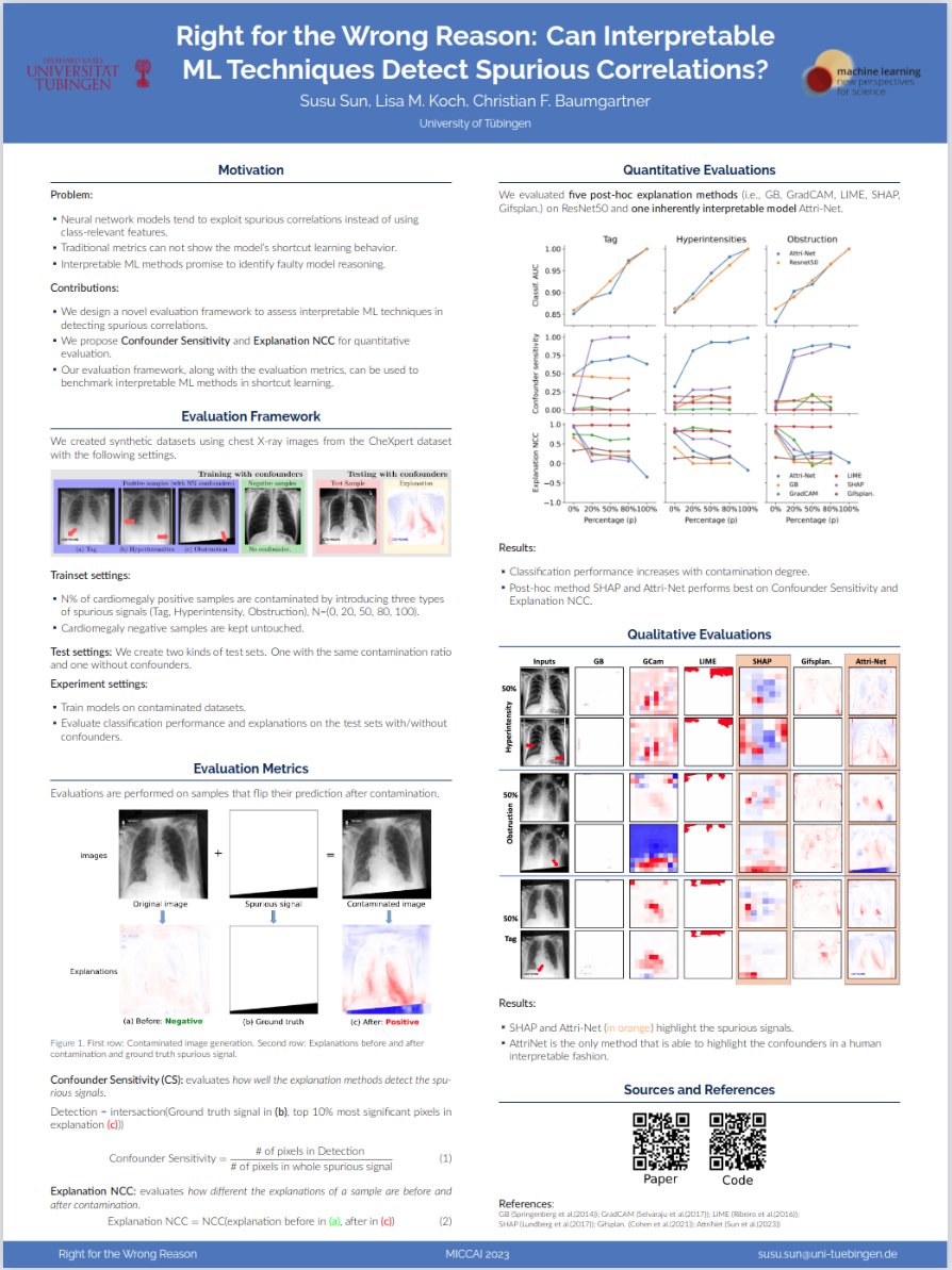 If you are at #MICCAI2023 today and interested in interpretable ML for medicine, please visit our poster on 'Right for the Wrong Reason: Can Interpretable ML Techniques Detect Spurious Correlations?' at T-03-101 from 9:30-11:00. @MICCAI_Society @MiccaiStudents