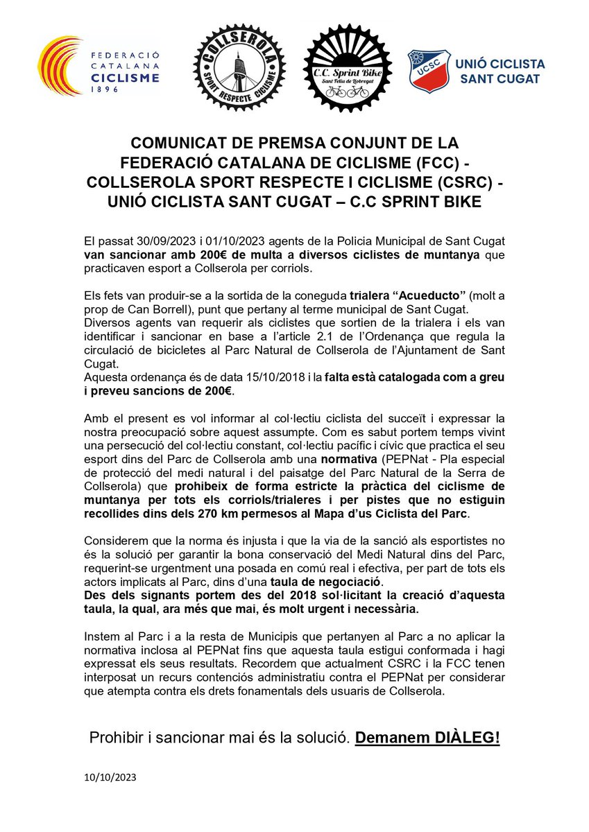 Comunicado de prensa conjunto: FEDERACIÓ CATALANA DE CICLISME (FCC) COLLSEROLA SPORT RESPECTE I CICLISME (CSRC) - UNIÓ CICLISTA SANT CUGAT - C.C SPRINT BIKE: