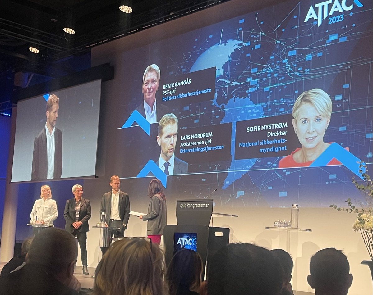 Kristine Beitland (@kbeitland) on Twitter photo De 3 sikkerhetstjenestene på #Attack2023 om et skjerpet trusselbilde med økt behov for samarbeid mellom aktørene - Lars Norum ass. sjef Etteretningstjenesten <a href="/NystromSofie/">Sofie Nystrøm</a> sjef <a href="/NSM_no/">Nasjonal sikkerhetsmyndighet (NSM)</a> Beate Gangås sjef <a href="/PSTnorge/">PST</a> <a href="/IKTNorge/">IKT-Norge</a> De 3 sikkerhetstjenestene på #Attack2023 om et skjerpet trusselbilde med økt behov for samarbeid mellom aktørene - Lars Norum ass. sjef Etteretningstjenesten <a href="/NystromSofie/">Sofie Nystrøm</a> sjef <a href="/NSM_no/">Nasjonal sikkerhetsmyndighet (NSM)</a> Beate Gangås sjef <a href="/PSTnorge/">PST</a> <a href="/IKTNorge/">IKT-Norge</a>