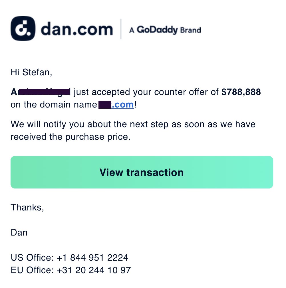 3 letter .com sold for $788.888 via <a href="/Undeveloped/">Dan.com - a GoDaddy brand</a> 
- if you are looking for short .com / .de domains, contact me