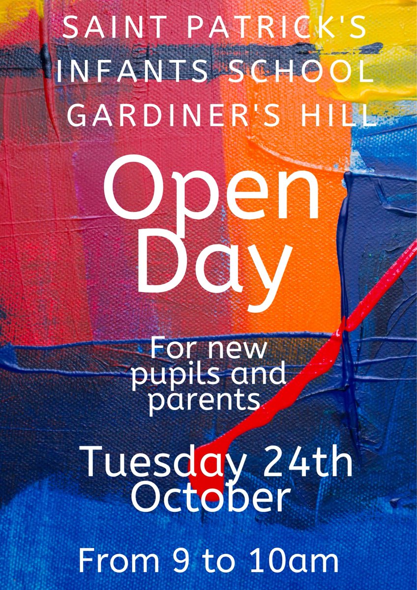 Our campus neighbour St Patrick's Infants school are having their open day for new parents & students on Tuesday 24.10.23 from 9 - 10 am. A great opportunity to see the school & meet & talk to staff.