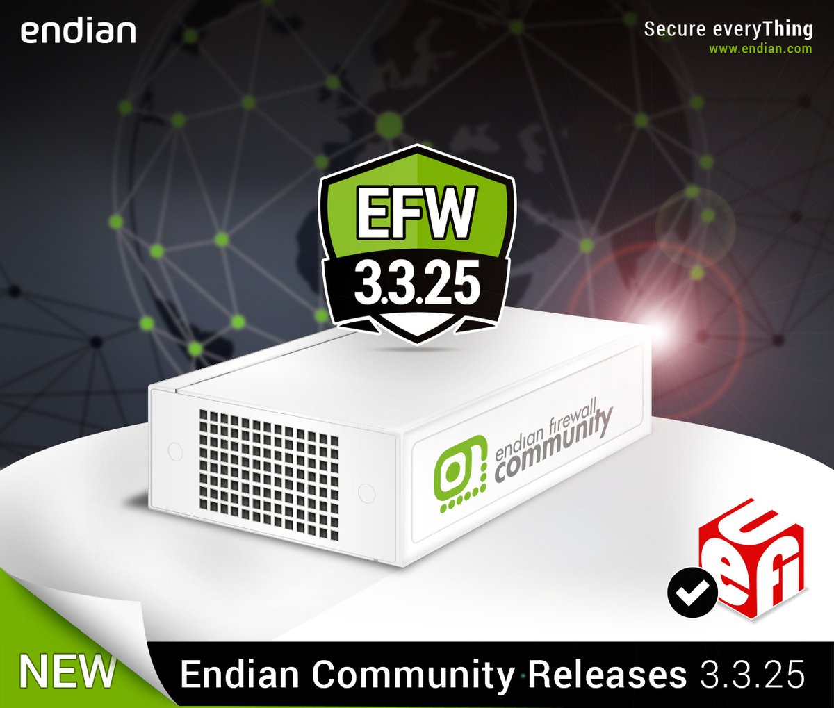 The new release of Endian Firewall Community 3.3.25 is available for download. It includes a major improvement with newly added support for UEFI systems. Get your updated image now!

More details here: endian.com/company/news/n…

#endian #Cybersecurity #opensource #firewall #UTM