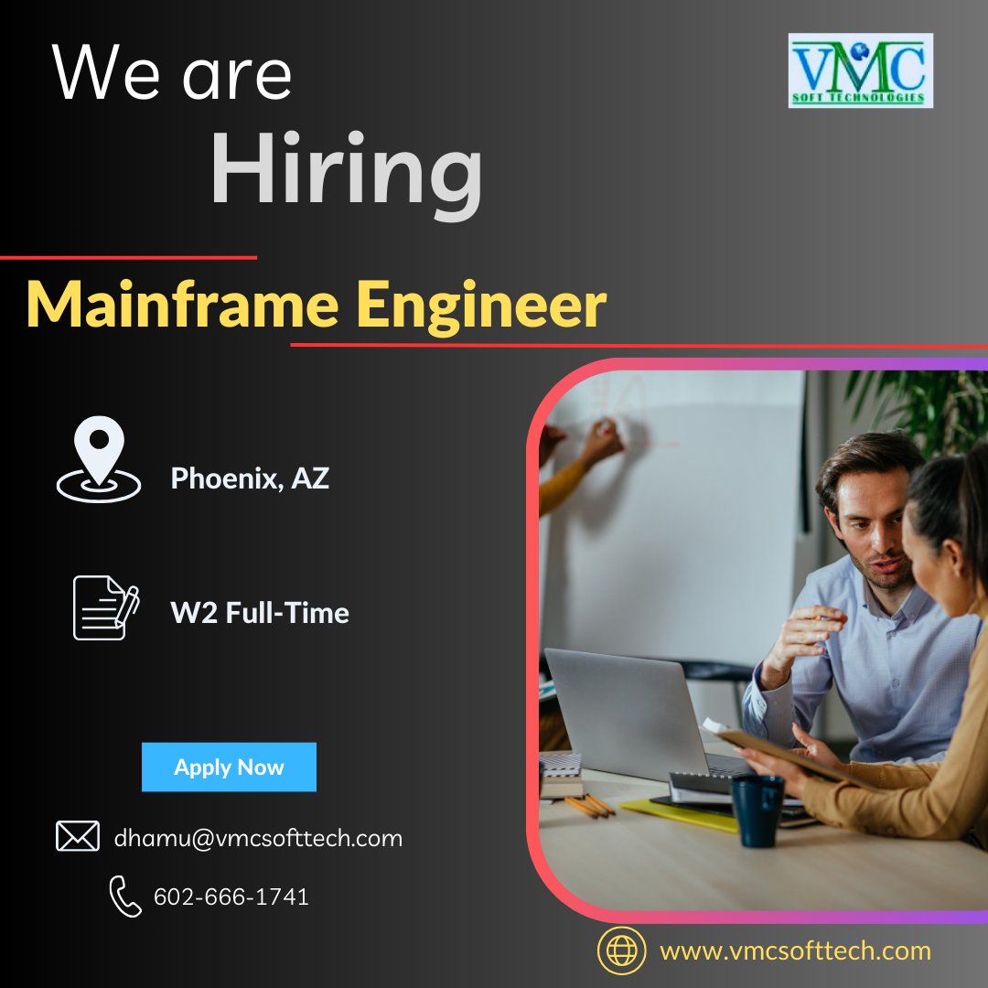 vmc_softtech's tweet image. VMC Soft Technologies looking for a Mainframe Engineer in Phoenix, AZ
Apply Now: vmcsofttech.com/careers/
#mainframedeveloper #mainframejobs #mainframe #itjobs #jobs #hiring #jobsearch #job #career #it #recruitment #programming #jobseekers #techjobs #jobvacancy #jobopportunity
