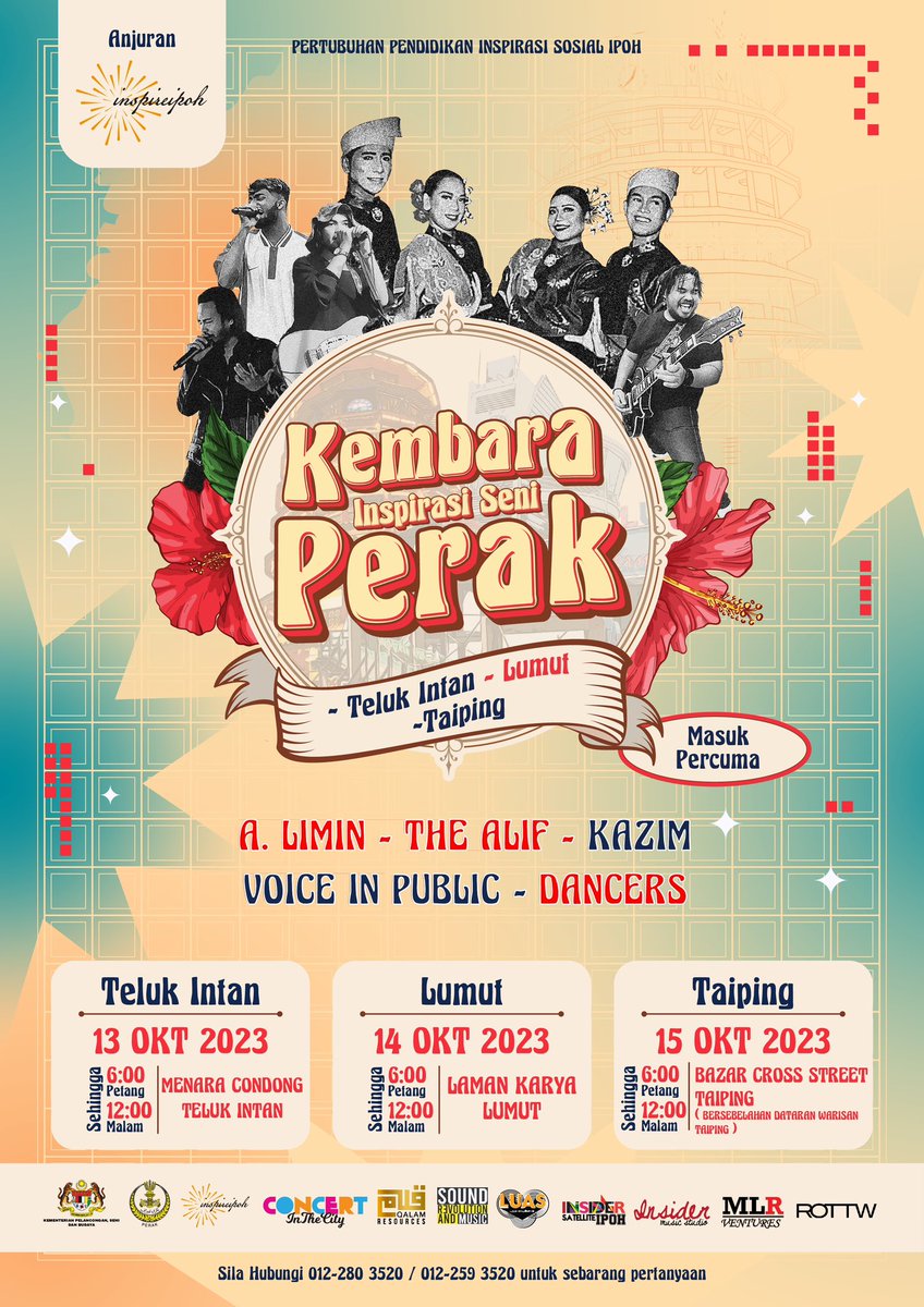 KEMBARA INSPIRASI SENI PERAK akan diadakan tiga hari berturut di tiga di buah daerah iaitu Teluk Intan, Lumut dan Taiping. 

Berikut kemaskini lokasi terbaru, jumpa disana bermula Jumaat, Sabtu dan Ahad ini!