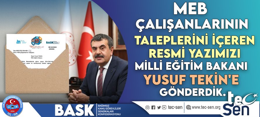 MEB Çalışanlarının Taleplerini İçeren Resmi Yazımızı Milli Eğitim Başkanı Yusuf TEKİN'e gönderdik.

Sayın Yusuf TEKİN
Milli Eğitim Bakanı
Milli Eğitim Bakanlığında görev yapan GİH-THS-YHS ve SHS kadrolarında görev yapan ve sendikamıza iletilen eğitim çalışanlarının sorunları