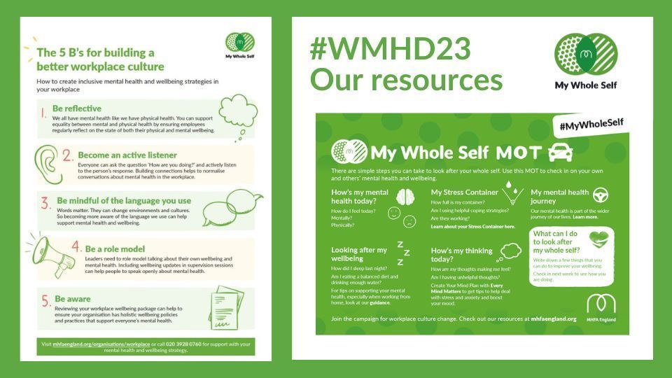 Tuesday 10 October is World Mental Health Day. This year's theme is Mental health is a universal human right. For individuals and workplaces it’s a chance to raise awareness and drive positive change for everyone’s mental health. 
#WMHD23