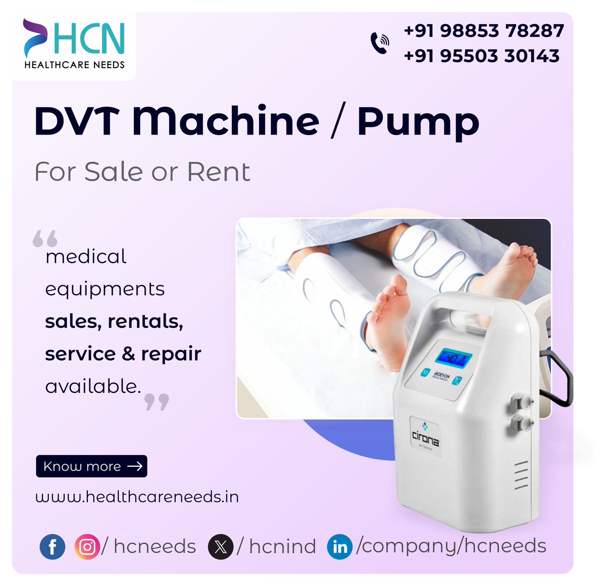 DVT Machine or DVT Pump for Sale or Rent.
Medical Equipment Sales, Rentals, Service and Repair available.

Healthcare Needs is one of the top dealers and service provider of DVT Machine in Hyderabad, Telangana and Andhra Pradesh. 

#dvtmachine #dvtpump #equipmentforsale