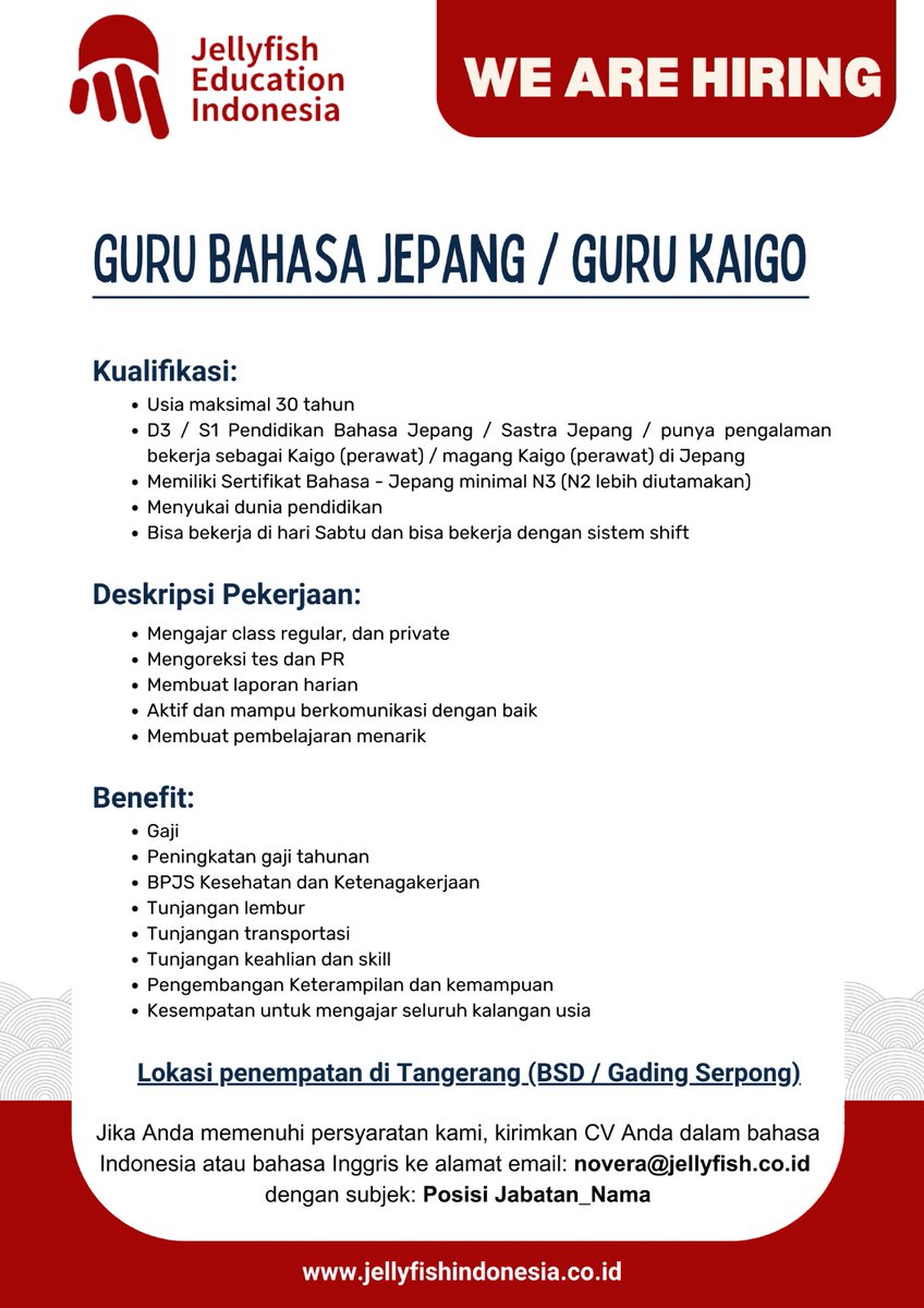 Jellyfish_INA's tweet photo. Konnichiwa Mina-san! PT Jellyfish Education Indonesia is currently in need of a Japanese Teacher.

If you meet the qualifications and are interested in joining our team, please send your resume &amp; cover letter to the following email address.

Thank you!
 
@hrdbacot
#lokercot https://t.co/tydh5fO1R2