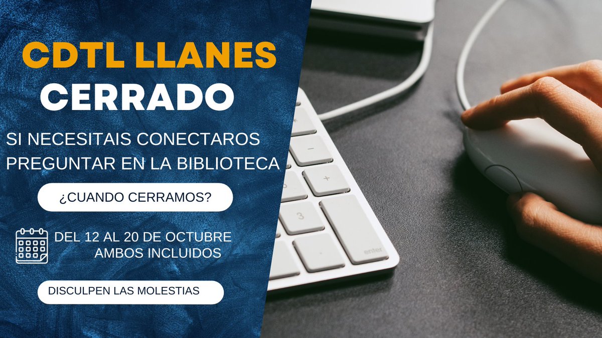 Cerramos del 12 al 20 de octubre, nuestros compis de la biblioteca de #Llanes quedan por aquí. Por si necesitáis conectaros algún día.
#cdtlllanes #llanes #cdtl #cerrado