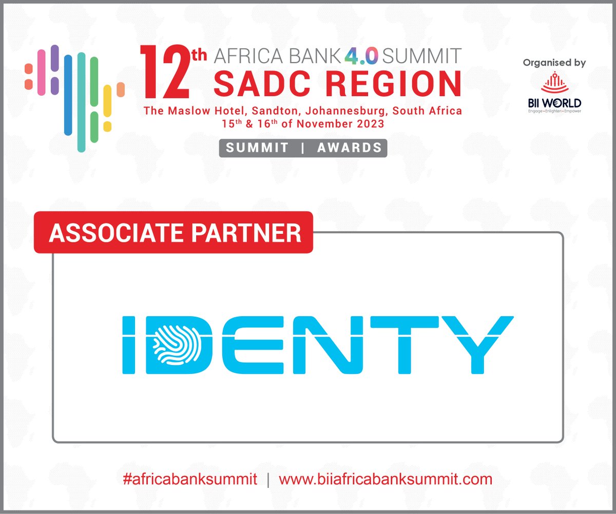 biiworld's tweet image. (biiafricabanksummit.com/12summit/) The 12th #AfricaBank 4.0 Summit - #SADCRegion welcomes @Touchless_ID as an Associate Partner, #pioneering #mobile #touchless biometrics for secure #identity #verification. Visit identy.io for details.
👉 Register at: biiafricabanksummit.com/register/