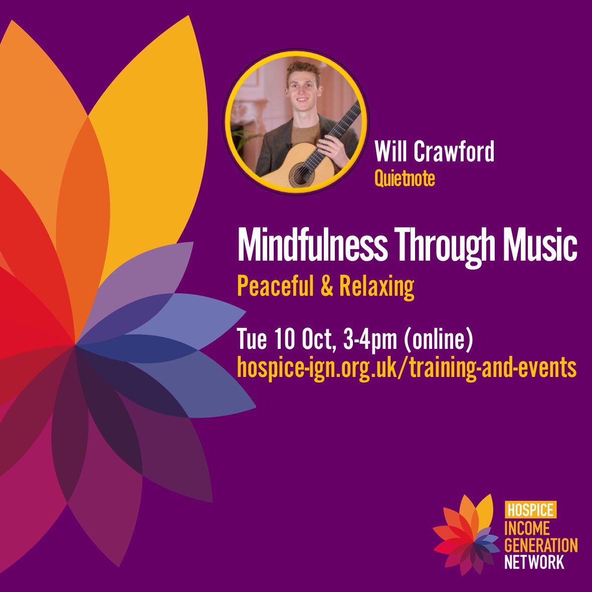 💜 Today is #WorldMentalHealthDay so we've teamed up with Will Crawford of quietnote to deliver a FREE peaceful and relaxing session. Tue 10 Oct, 3-4pm (online) FREE for all hospice-ign.org.uk/DB/hign-events… #HIGN #Hospice #IncomeGeneration #Fundraising #Training #MentalHealth