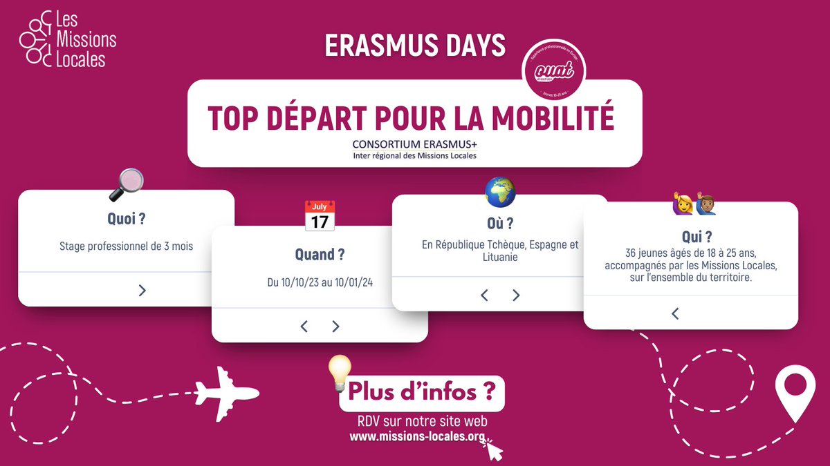 MLJ_AURA's tweet photo. 🌍 Top Départ - Mobilité Erasmus + 🌍

36 jeunes s'envolent pour un stage de 3 mois en République Tchèque, Espagne &amp; Lituanie avec les Missions Locales ! 💼💻

Découvrez le programme sur : https://t.co/9eNYmsbjyJ
 
#ErasmusDays #ErasmusPlus #MissionsLocales #CestUneMission https://t.co/LNT5AFv0KB