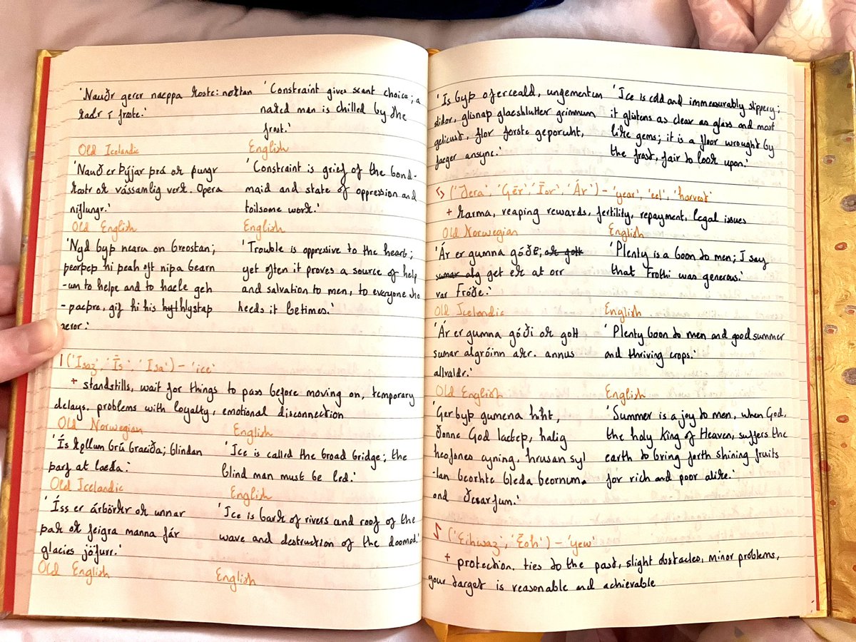 I’m digitalising my notes on runes, so I thought I’d share! I tried to find info based on rune poems used to memorise their meanings (1/3)