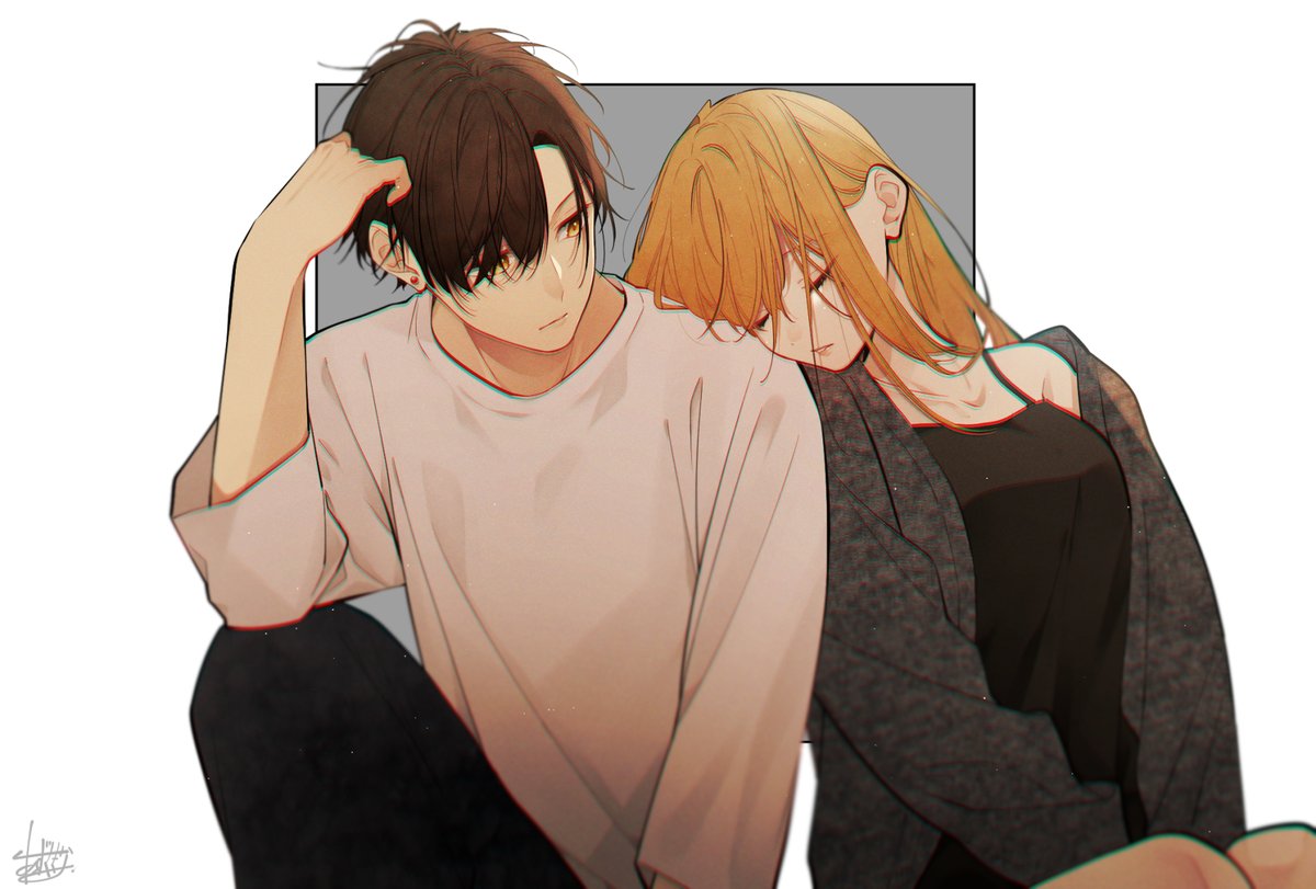 1girl 1boy long hair leaning on person shirt head on another's shoulder sitting  illustration images