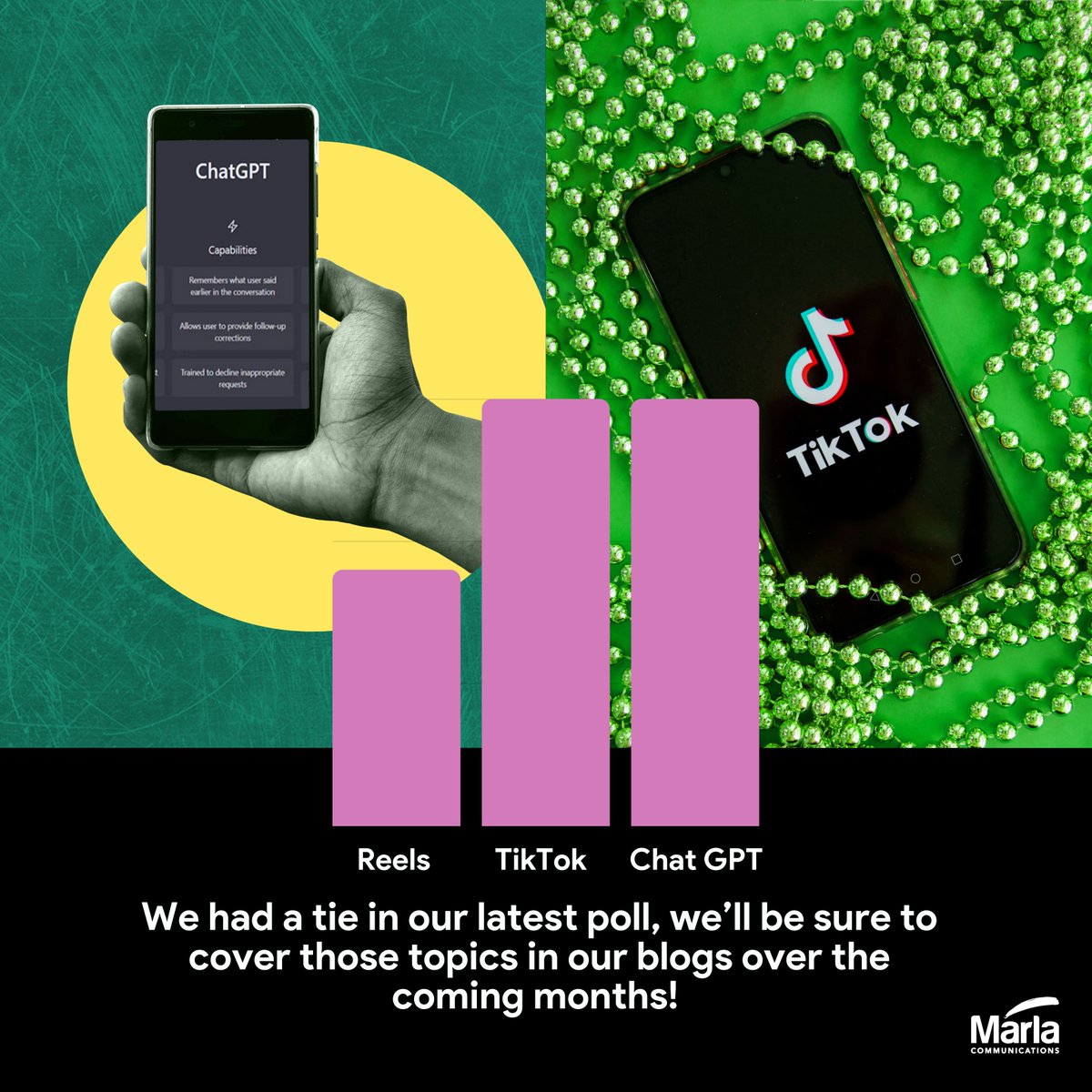 marla_design's tweet photo. We had a tie in our latest poll, we’ll be sure to cover those topics in our blogs over the coming months!

#tiktok #chatgtp #poll #digitalblog #marlablog https://t.co/KWPz6yDJ4m