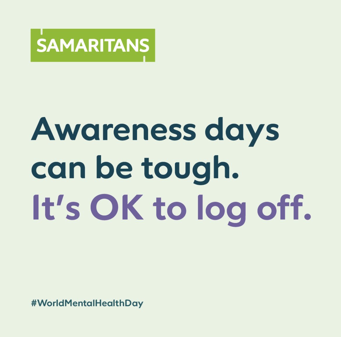 York Samaritans (@yorksamaritans) on Twitter photo Today is World Mental Health Day. Sometimes the content shared on days like this can be overwhelming or difficult to read.
It's OK to feel this way. 
It's OK to not post anything. 
It's OK to log off.
Do what's right for you 💚
We're here if you need us 📱 116 123 Today is World Mental Health Day. Sometimes the content shared on days like this can be overwhelming or difficult to read.
It's OK to feel this way. 
It's OK to not post anything. 
It's OK to log off.
Do what's right for you 💚
We're here if you need us 📱 116 123