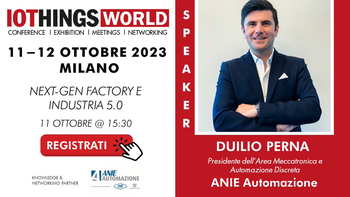 Appuntamento domani con l’edizione milanese di <a href="/IoThings_World/">IoTHINGS</a> (11-12/10): noi ci saremo con un intervento di Duilio Perna, Presidente Area Meccatronica e Automazione Discreta, alla TR “Robot lavoratori nella fabbrica del futuro” (11/10 h 15.30) 
🔗 shorturl.at/amL03