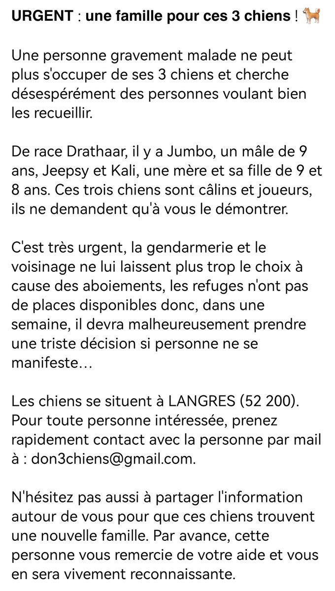 MoselleHunt's tweet photo. Message relayé par la #FDC88.
#TwitterX, montre moi ta magie pour que ces #toutous trouvent une famille 😍.
"une personne gravement malade ne peut plus s'occuper de ses 3 #chiens et cherche des personnes voulant bien les recueillir"
#IlsSachentNousChassons #ChassePartage https://t.co/GZ62f20pXc