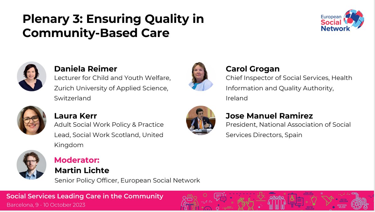 We are back for Day 2, with our first panel discussion.  How do we ensure #quality in community-based #care? <a href="/reimer_daniela/">Daniela Reimer</a>, <a href="/ZHAW/">ZHAW</a>; <a href="/lakerr19/">Laura Kerr</a>, <a href="/socworkscot/">Social Work Scotland</a>; Carol Grogan, <a href="/HIQA/">HIQA</a> and <a href="/Ascdiresociales/">José Manuel Ramírez Navarro</a> will share their experiences.