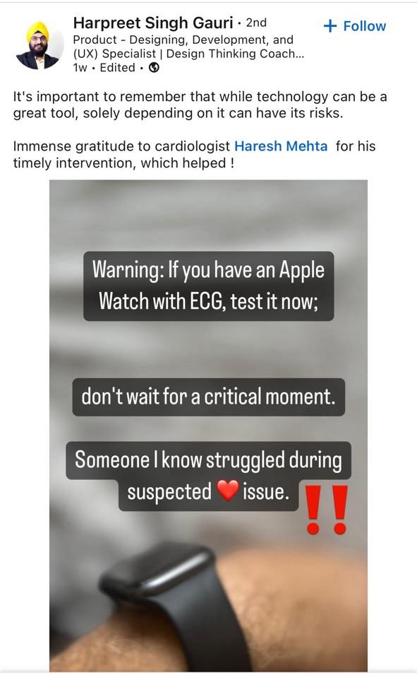 DrHareshMehta1's tweet photo. We all love our growing technology, our smartwatches, but please ensure you’ve tested it before.
Do not rely on it blindly. Your doctors are here to diagnose you before it’s too late. https://t.co/IbtfUL0IpR