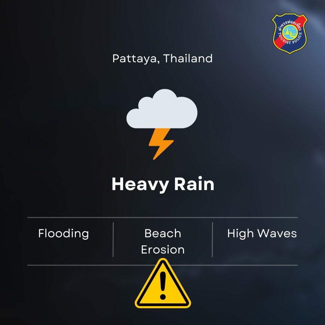 TouristPoliceTH's tweet photo. Heavy rain forecast #Pattaya tonight. Potential big waves. 
Please check the weather in advance. https://t.co/7KuKMH1Rz7