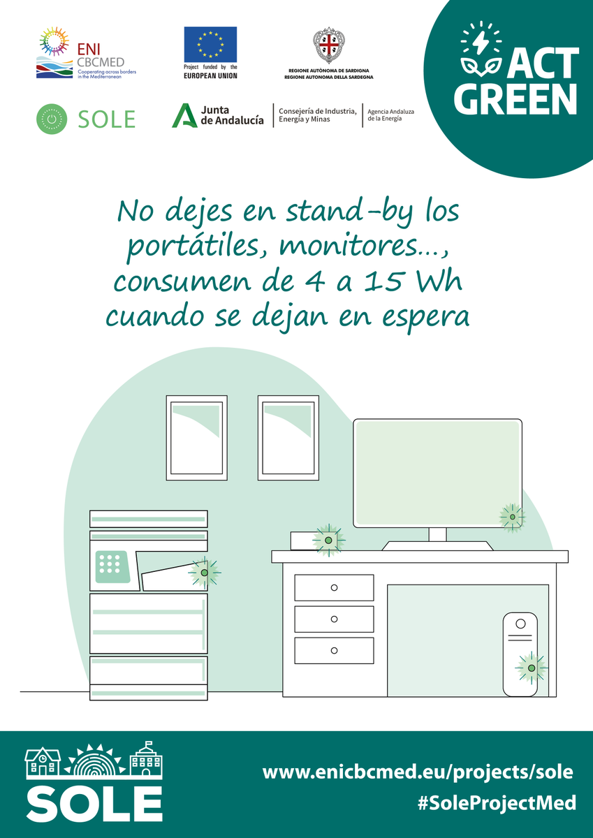 EnergiaAnd's tweet photo. ¿Sabes que si dejas el portátil o el monitor en stand-by consume de 4 a 15 Wh? 
Apágalos cuando no los uses y ahorra energía. 
#ahorroenergético #eficienciaenergética #SOLEproject #ActGreen https://t.co/RjtHRKwzj4