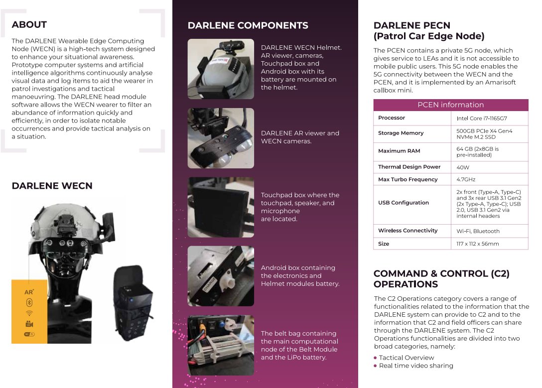 The DARLENE #Technical #Brochure is available for you to read and get to know the functionalities of the project's system 📰
🔸Wearable Edge Computing Node (WECN)
🔸Our components
🔸Patrol Car Edge Node (PECN)
🔸Command &amp; Control (C2) Operations

🌐 shorturl.at/jrJZ2