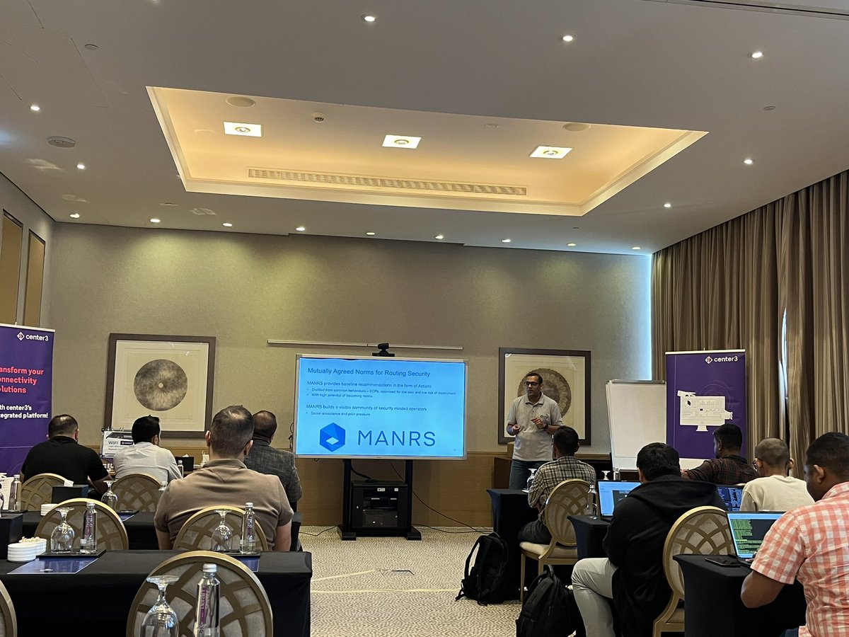 My colleague <a href="/aftabsiddiqui/">Aftab Siddiqui</a> taking participants through implementing #MANRS <a href="/MiddleEastNOG/">MENOG</a>.  Do you want to know more about <a href="/RoutingMANRS/">MANRS</a>? Please reach out to us this week at #MENOG23