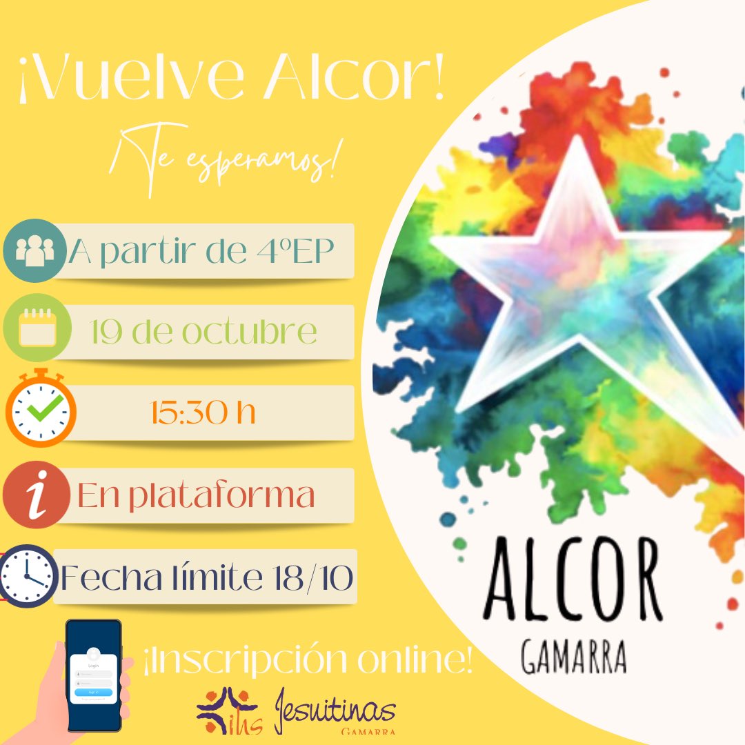 ColegioGamarra's tweet photo. ⭐️ | VUELVE ALCOR

Los grupos Alcor ya tienen fecha de inicio: ¡el jueves 19 de octubre volvemos! 🙌🏼

Acordaos de hacer la inscripción online en el formulario siguiente:

https://t.co/mOoW66VaUB

¡Os esperamos! 🫶🏼

#AlcorGamarra 🧡
#CaminaConSentidoJesuitinas 💜 https://t.co/5nCUKpfrq7