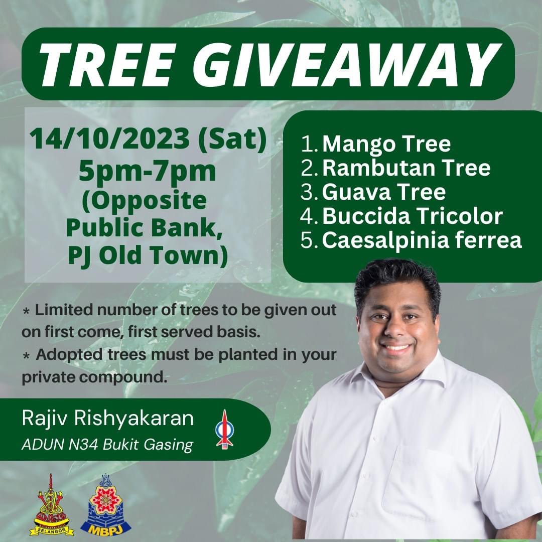 Adopt a tree with us this Saturday (14/10)!
🌳Trees are vital to our urban areas, purifying the air and reducing pollution.
💫Join us for a free tree giveaway in Bukit Gasing from 5pm to 7pm.
Limited number, first come first served. 

#treegiveaway  #urbantrees #greeningcities