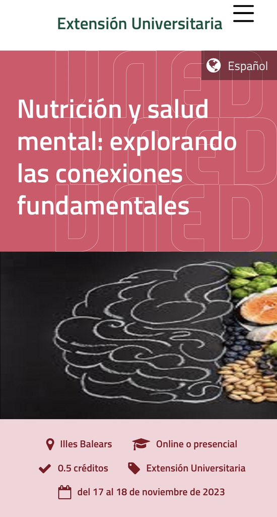 🔖Curso de extensión universitaria sobre el fascinante mundo de la #Nutrición y #SaludMental. 
En él tendré la oportunidad de profundizar sobre la #Obesidad y #Adicción a la comida como condicionantes de la conducta alimentaria.  
Os esperamos! Link ⬇️
extension.uned.es/actividad/idac…