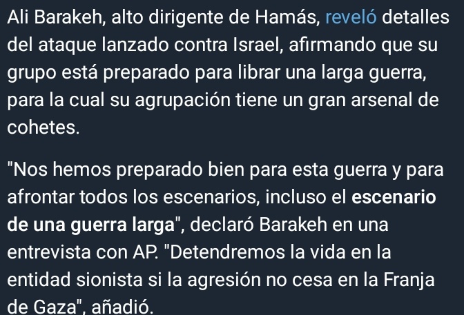 maxtecum's tweet photo. 🔴ULTIMA HORA🔴
Dirigente de Hamás revela cómo se preparó el ataque a Israel
Ali Barakeh llamó al Ejército israelí un "tigre de papel", asegurando estar sorprendido por su "enorme colapso".#Rusia #Ucrania #OTAN #ONU #EEUU #Israel #Gaza #RTes https://t.co/lGCIFEpQl7