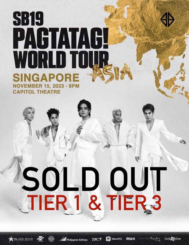 ATINSingapore's tweet photo. ⚠️ PAGTATAG! World Tour: Singapore

[As of 3:30pm, 10 Oct 2023]

Tier 1: 𝗦𝗢𝗟𝗗 𝗢𝗨𝗧
Tier 2: AVAILABLE
Tier 3*: 𝗦𝗢𝗟𝗗 𝗢𝗨𝗧 (251/251 Tickets)
Tier 4*: FEW TICKETS LEFT (179/198 Tickets)

Balcony* Section is 96% sold!
(430 / 449 seats)

Get your tickets now via https://t.co/4KTiUJ4u94

#SB19 #PAGTATAG #SB19PAGTATAG #PAGTATAGWorldTour #PAGTATAGWorldTourAsia #PAGTATAGWorldTourSingapore