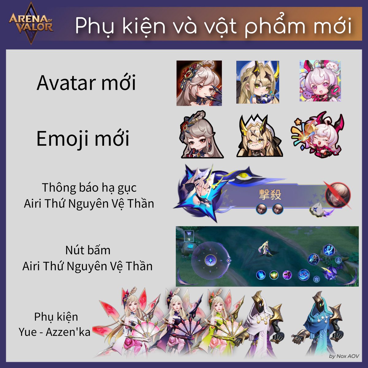 New Avatar, Emoji

Broadcast and Button Airi Dimension Breaker

Costume Yue (Valor Pass) &amp; Azzen'Ka (Rank Season S4 2023) skin

#nox #aov #rov #arenaofvalor #アリヴァラ