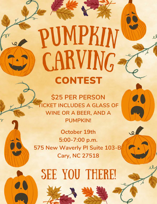 🎃 Get ready to carve out some fun at our #PumpkinCarving Contest. Your ticket not only secures a pumpkin waiting for your artistic touch, but also a glass of our fine wine or a cold beer 🍷🍺. Buy Tickets: tinyurl.com/2rat36st