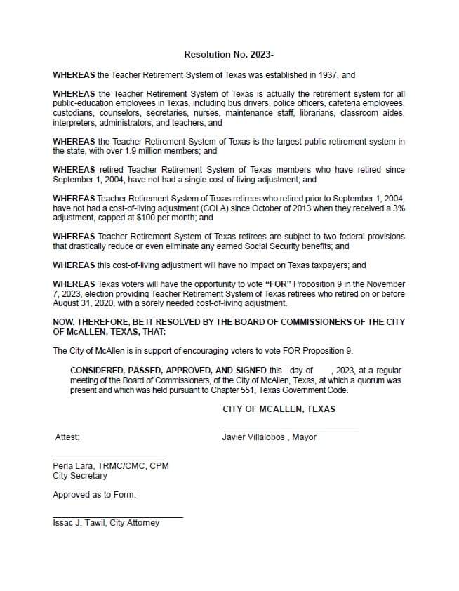 CHRISTINEARDIS's tweet photo. Thank you, @CityofMcAllen Commission for supporting @TRSofTexas retirees by passing this Resolution in support of #Proposition9 at tonight's mtg. First #COLA for retired #publiceducation employees in Texas who retired Sept. 1, 2004,or since. #inflation @GregAbbott_TX @DanPatrick https://t.co/Lf0HmMDk8k