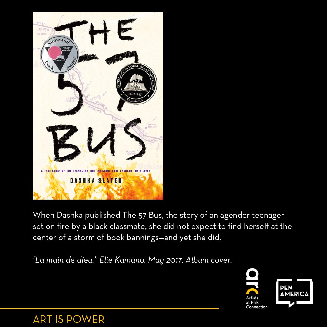 AtRiskArtists's tweet photo. ARC's Art Is Power report features 20 artists fighting for #socialchange. Today, we feature American author @DashkaSlater, whose book about an agender teen, a Black classmate, and a crime became one of most banned in the US. Read more: https://t.co/WDhZvBX3sx. #artispower https://t.co/Tw3K9VMwc1