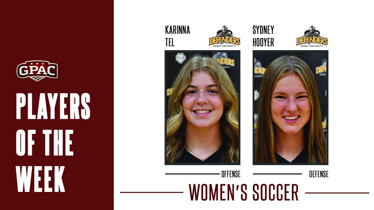 WOMEN'S SOCCER: Week 7 Honors - The <a href="/dordtdefenders/">Dordt Defender Athletics</a> sweep the week. (Offense) Karinna Tel and (Defense) Sydney Hooyer.

Complete Release:
bit.ly/gpac_wsoc-07