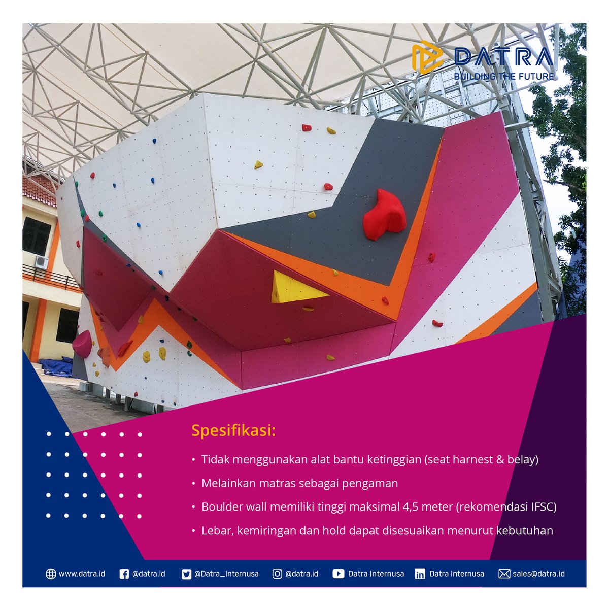 Datra_Internusa's tweet image. Wall climbing boulder wall adalah tipe jalur-jalur pendek tanpa tali yang biasanya menggunakan matras sebagai pengaman apabila terjatuh. Kamu pernah coba main wall climbing boulder wall? Untuk informasi produk Datra, Follow Juga instagram @Datra.sports  #WallClimbing #BoulderWall