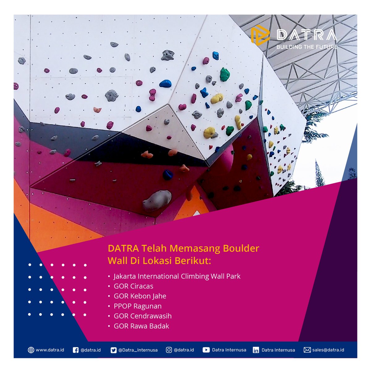 Datra_Internusa's tweet image. Wall climbing boulder wall adalah tipe jalur-jalur pendek tanpa tali yang biasanya menggunakan matras sebagai pengaman apabila terjatuh. Kamu pernah coba main wall climbing boulder wall? Untuk informasi produk Datra, Follow Juga instagram @Datra.sports  #WallClimbing #BoulderWall