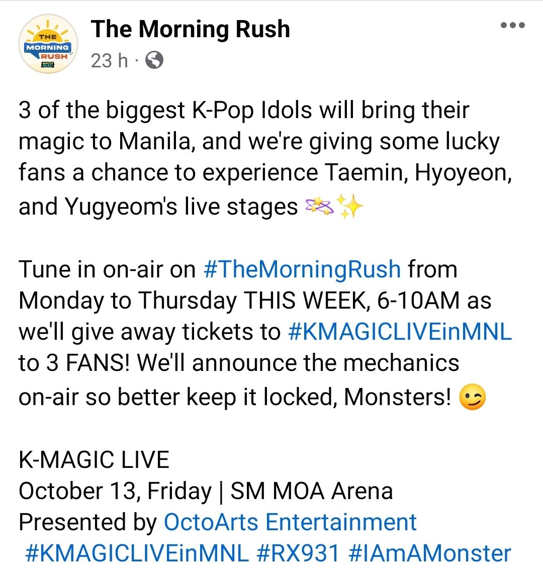 Ahgases! @RXRadio1 #TheMorningRush is holding a ticket giveaway this week!

Tune in from today till Thursday THIS WEEK, 6-10AM for the mechanics ✨️✨️✨️ 

#KMAGICLIVEinMNL_YUGYEOM 
#KMAGICLIVEinMNL #IAmAMonster