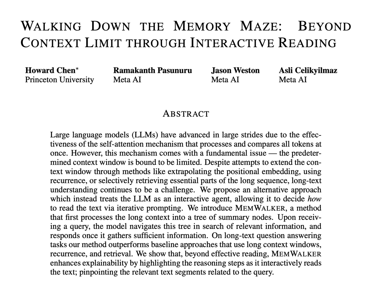 Long context models are popular, but is it the final solution to long text reading?
We introduce a fundamentally different method, MemWalker:
1. Build a data structure (memory tree)
2. Traverse it via LLM prompting
Outperforms long context, retrieval, &amp; recurrent baselines. (1/n)
