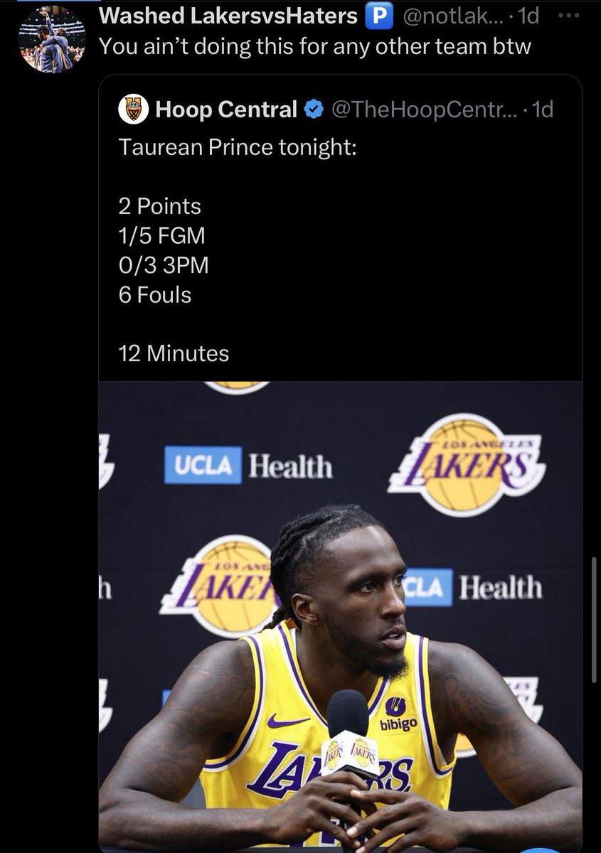 notlakersgm's tweet photo. Taurean Prince tonight:
 
13 Points
5/7 FGM
3/5 3PM
19 minutes.

@TheHoopCentral https://t.co/kCUIrDaEGa