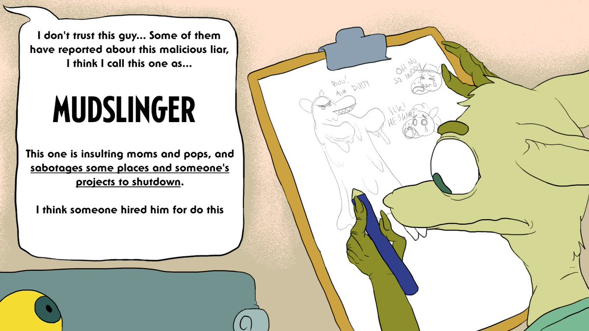 LeoGreenland's tweet photo. β¦and now:
Character 4/8: "Mudslinger": a devious guy ruining this little town (and it doesn't involve some mud)
Any witnesses about this guy? #LetsCreateACharacter https://t.co/3qtaa4hzoJ